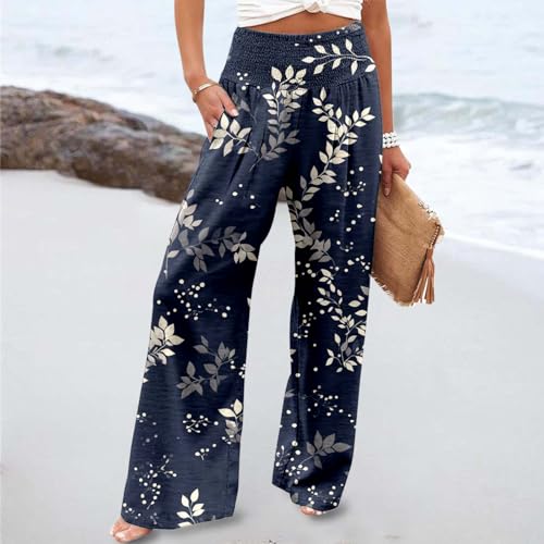 Wide Leg Pants for Women Baggy High Waisted Elastic Summer Casual Palazzo Pants Flowy Boho Linen Trousers with Pockets2