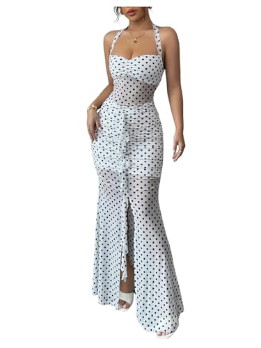 SOLY HUX Women's Polka Dots Mesh Bodycon Maxi Dress Halter Tie Back Split Fishtail Party Prom Dresses