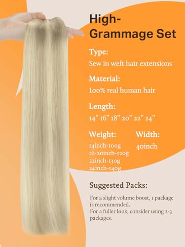 Image of DOORES Weft Hair Extensions, 24 Inch 140g Ash Blonde Highlighted Platinum Blonde, Long Natural Remy Hair Extensions