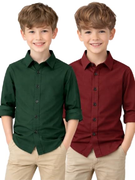Image of YYQ Pack of 2 Boys Solid Cotton Blend Shirts - Full Sleeve Casual, Soft & Comfortable Spread Collar Shirts for Boys