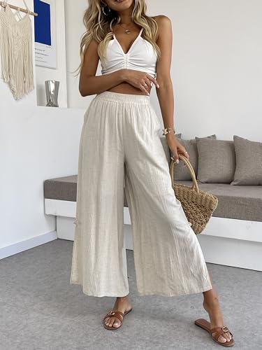 Women's Linen Capris Pants Slit Culottes Summer Wide Leg Split Crop Trouser Palazzo Pants3