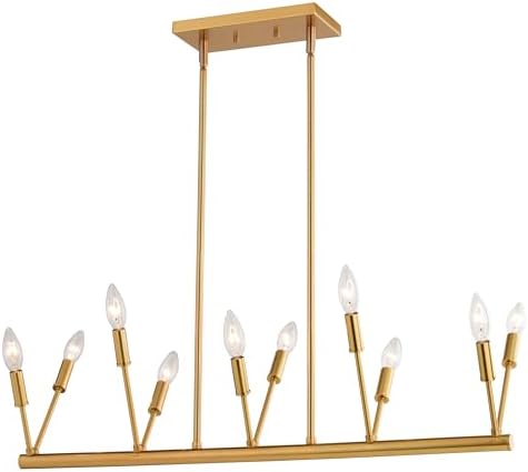 VAXCEL Warwick 10-Light Brass Linear Chandelier, Contemporary Candelabra Pendant, Adjustable Hanging Fixture for Kitchen Island, Dining Room, Pool Table, LED Compatible