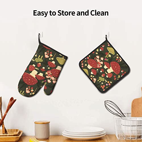 Vintage Mushroom Oven Mitts And Pot Holders Sets Of 2, Non-Slip Cooking Hot Pads Washable Heat Resistant For Kitchen Microwave Bbq Baking Grilling #TOP6