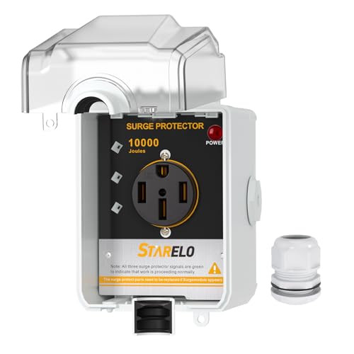 STARELO 50Amp RV Power Outlet Box with Surge Protector Waterproof(10000 Joules),NEMA 14-50R Receptacle 125/250Volt,with Surge Protection for RV Campers and Van Trailers,UL Listed.(NEMA 14-50R Box)