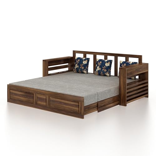 Image of Ganpati Arts Solid Sheesham Wood 3 Seater Lurid Sofa Cum Bed with Side Pocket for Living Room Bed Room Wooden Bedroom Furniture for Home (Teak Finish)