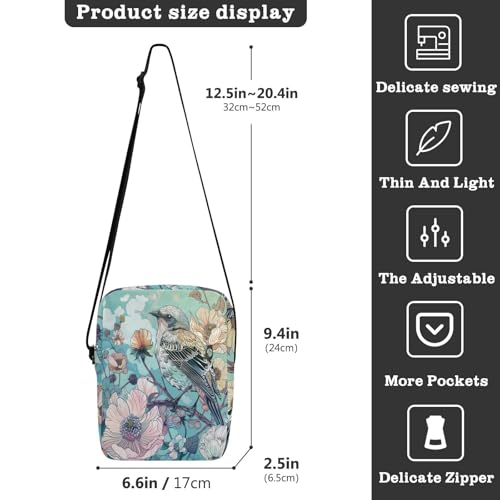 messenger bags for women mens crossbody Cross Body Purse Adjustable Strap for Travel Travel- Elegant Bird Blue3