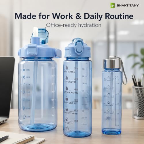 Image of Water Bottle Combo Set of 3 with Sipper & Straw, Blue