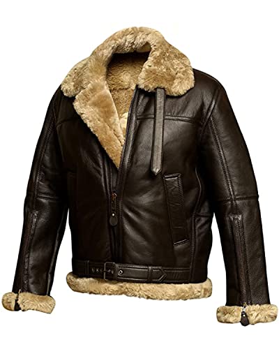Men's RAF B3 Aviator Sheepskin Leather Jacket with Fur Collar & Adjustable Waist Belt – Mens Bomber Jacket4