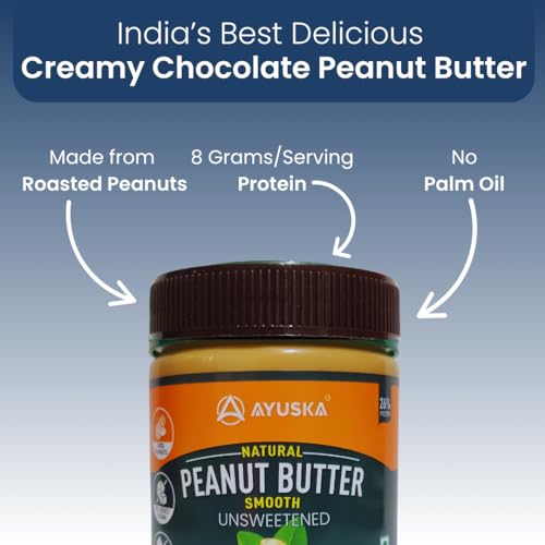 Image of Ayuska Natural Creamy Peanut Butter Unsweetened - 340g | Healthy Creamy Spread for Breakfast, Snacks & Gym Diet | No Sugar, Zero Trans Fat, Cholesterol-Free | Rich in Protein, Vitamin E & B3
