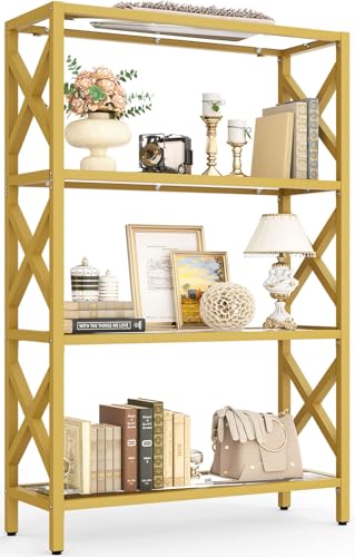 Homieasy 4 Tier Gold Bookshelf with LED Lights Tempered Glass Display Shelf with Metal Frame Modern Bookcase with X-Side Guards Luxury Storage for Living Room Bedroom & Office