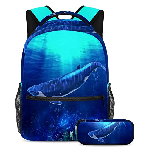 Sac à dos baleine bleue fille et garçon, pack scolaire avec trousse et grand daypack
