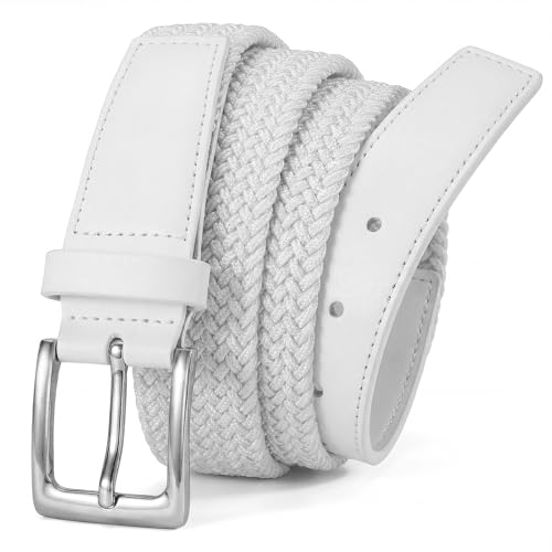 BELTROAD Fabric Elastic Belt for Men Elasticated Stretch Braided Canvas Unisex Belts for Jeans Golf Casual Trousers White