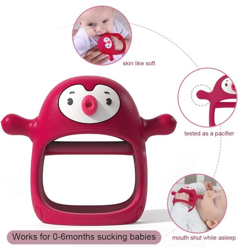 Image of Penguin Buddy Never Drop Silicone Baby Teething Toy for 0-6month Infants, Baby Chew Toys for Teething Pain Relief, Hand Teether for 3-6Months,Gum Massager for Babies (Red)