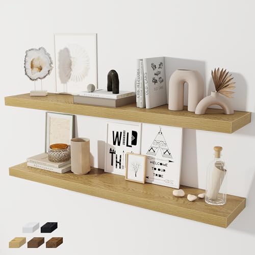 Fun Memories 48 Inch Floating Shelves for Wall 8 Inch Deep Oak Shelves Set of 2, Wall Mounted Rustic Wood Long Floating Shelf, Large Display & Storage Shelf with Invisible Brackets