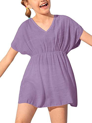 Image of Fommykin Girls Swimsuit Cover Up V Neck Cute Sweet Bikini Tunic Dress | Kids Bathing Suit Cover Up, Elastic Waist, Lightweight Breathable Fabric, Beach Pool Vacation Outfits for Girls 3-14Y