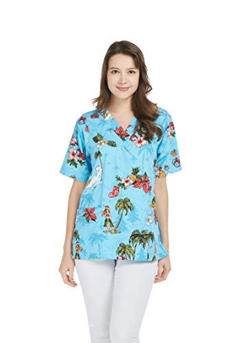 Hawaiian Print Cotton 2 Pockets Scrub Top in Christmas Santa in Hawaii Turquoise M