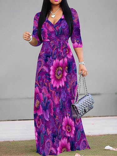 Image of SUZONANA Plus Size Dresses for Women Floral Print Maxi Dress Flowy 3 /4 Sleeve with Belt