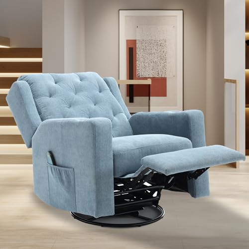 Image of Oversized Massage Recliner Chair Swivel Rocker Recliner for Adult, Wide Seat Fabric Reclining Chair, Manual Recliner Chair with Cup Holder, Glider Rocking Chair for Nursery, Blue