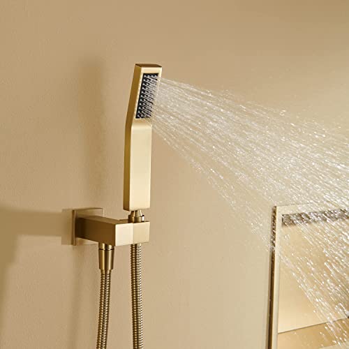Image of Rain Shower System 12 Inches Shower Combo Set Brushed Gold Wall Mount Faucet Bathroom Faucets with Rainfall Shower Head and Hand Shower