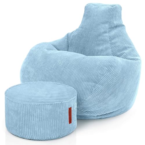 Green Bean© Pouf en Velours côtelé - Pouf pour Salon, Chambre à Coucher - Fauteuil pour Adulte - Bleu Clair - Environ 230 l - Rembourrage : 90 x 80 x 80 cm et 45 x 25 cm