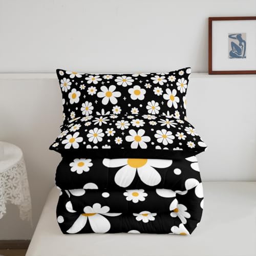 Image of Daisy Flower Bedding Set for Kids Boys Girls Groovy Floral Comforter Set Twin Size Retro Floral Boho Duvet Quilt Bedroom Decor Breathable Soft Lightweight Microfiber Black White 2Pcs