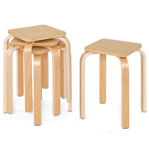 GOFLAME Stackable Wooden Stools Set of 4, Backless Chairs with Square Top, Anti-slip Felt Mats, Portable Seating for Classroom, Office, Dinning Room, Living Room, Kitchen, Bar Counter, Natural