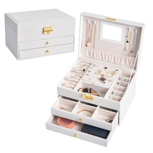 Jewelry Box for Women, 3 Layer Jewelry Organizer Box, Large Jewelry Storage Box with Drawer, Jewelry Storage Organizer, PU Leather Display Jewelry Holder for Earring, Ring, Necklace, Bracelets (White)