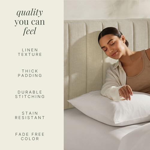 Image of Hearth & Harbor Wall Mounted Queen Headboard Only, Bed Headboard Queen Size | Easy Assemble, Floating Peel and Stick, Upholstered, Channel Stitched, 3D Wall Panels, 5 Strips of 3M Tape Included, Linen