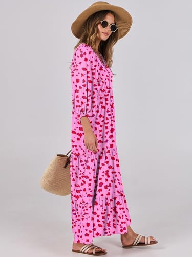 Image of ANRABESS Womens Boho Floral 3 /4 Puff Sleeve Maxi Dress | Tiered Flowy Loose Fit, Comfy Soft Rayon Fabric, Wedding Guest Church Beach, Modest Elegant, Spring Summer Fall Outfits