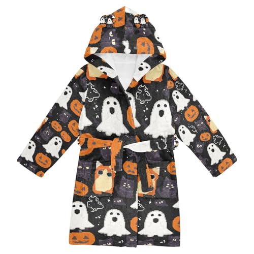 Bath Robe Kids Girls Black Background Cat and Owl Halloween Pattern Girls Robe With Hood