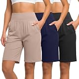 Neer Paquete de 3 Bermudas Mujer: Cintura Alta, Elásticas, hasta la Rodilla, Estilo Deportivo y con Bolsillos(Negro, Azul Oscuro, Caqui,XXL)
