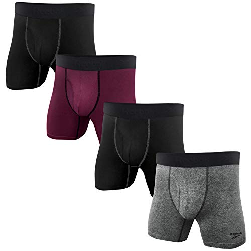 Reebok Mens 4 Pack Performance Boxer Briefs with Comfort Pouch - Black/Fig/Grey/HTR Small