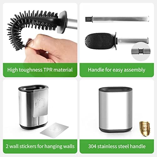 COSICOSY Toilet Brush , Stainless Steel Silicone Toilet Brush and Holder Flexible Soft Silicone Toilet Brush for Deep Cleaning with Long Handle Wall Mounted Silver