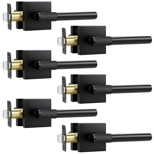 KNOBWELL 6 Pack Door Handle Matte Black Finish, Modern Knurled Design Door Knob,Interior Passage Lever for Left Right Sided Doors, Keyless Closet Hallway Silent Door Handles No Locking