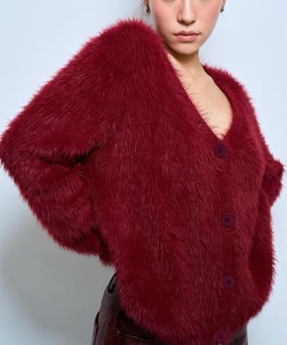 Image of Womens Fuzzy Sweaters Cardigan V-Neck Button Down Oversized Mohair Sweater Casual Y2k 2026 Fall Winter