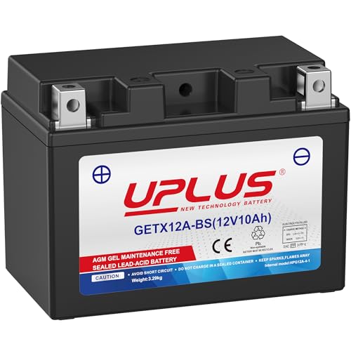 UPLUS GETX12A-BS GEL Motorradbatterie 12V 210A 10Ah Rollerbatterie wartungsfrei Ersatz für YTX12A-BS 150L×88B×105H mm