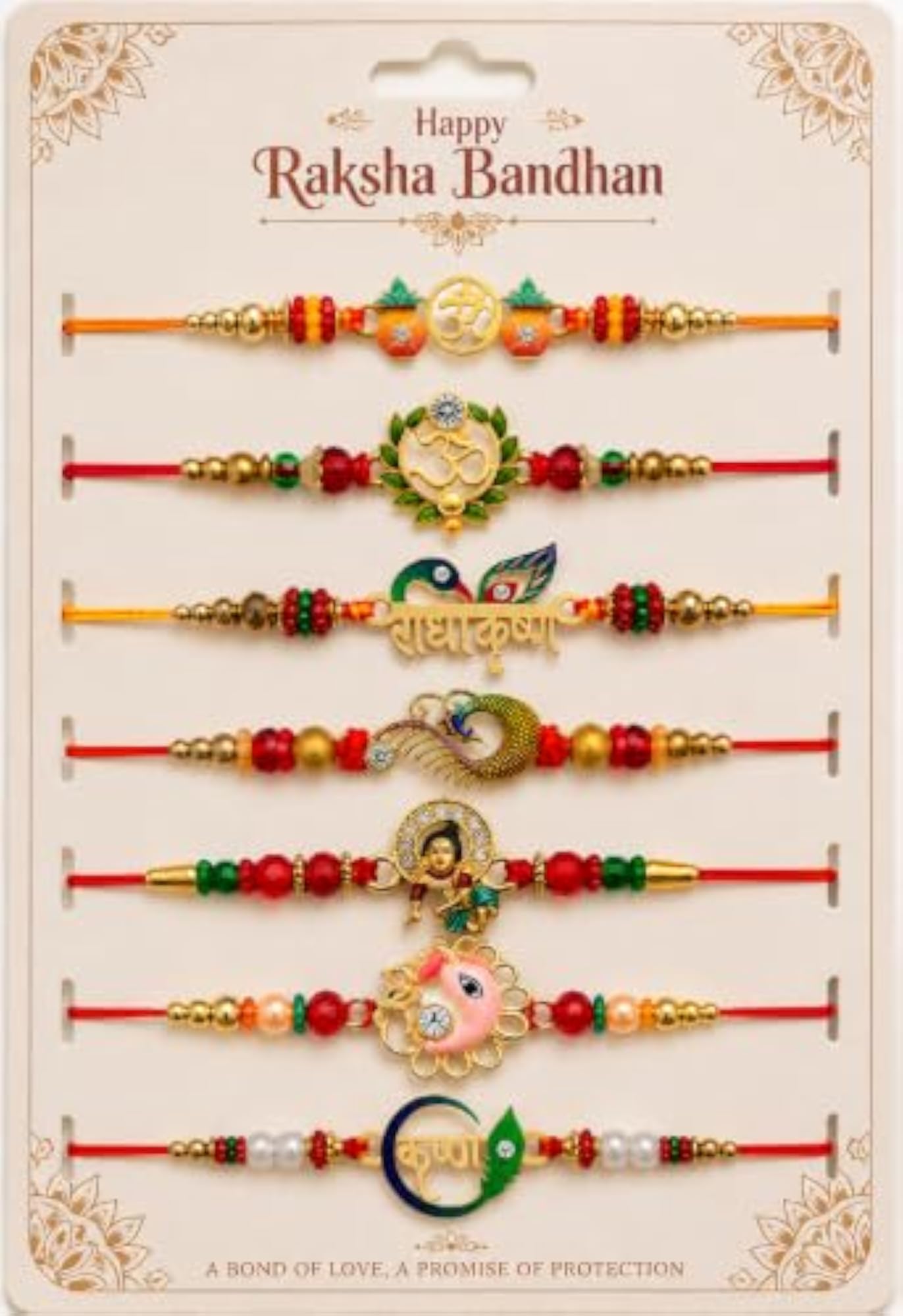 Assorted Rakhi Pack of 7 with Greeting Card & Roli Chawal