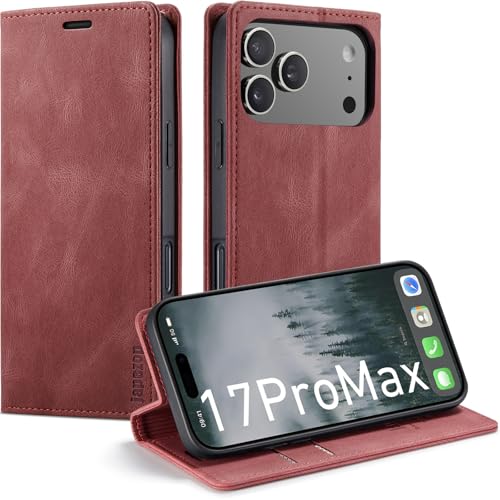 Étui portefeuille iPhone 17 Pro Max en cuir rouge japezop avec blocage RFID
