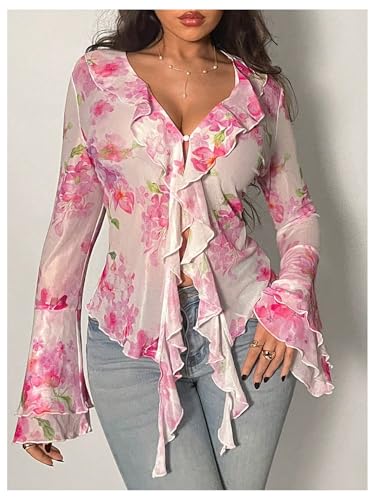Floerns Women's Floral Bell Sleeve Tops Lettuce Trim Ruffle Tie Front Mesh Tops4
