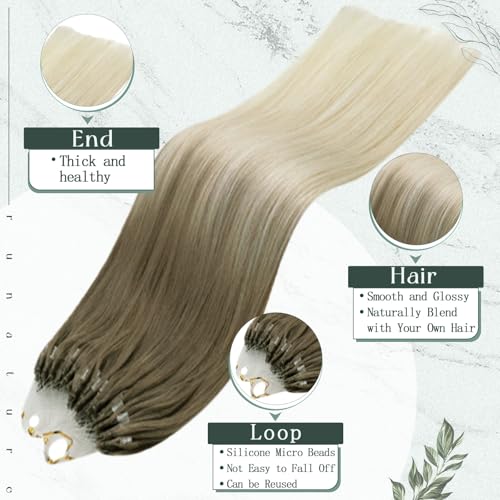 RUNATURE Micro Ring Hair Extensions Ombre Blonde Brown Micro Beads Hair Extensions Remy Human Hair Blonde Balayage Micro Link Hair Extensions Human Hair 14 Inch 50 Gram - Image 2