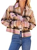 CFLONGE Women's Casual Jacket Coats Button Down Corduroy Cropped Shacket Plaid Long Sleeve Flannels Shirts for Women Jackets(Pink,Medium)