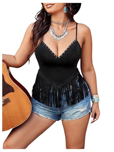 SOLY HUX Women's Plus Size Fringe Studded Western Top Deep V Neck Sleeveless Cowgirl Camisole Tops