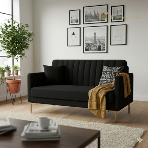 Image of 3+2 Seater Velum Fabric Sofa Set for Living Room, Modern Design with High Density Foam, Solid Wood Frame, Ergonomic Comfortable Seating for Home & Office (Black, 2 Seater) | Soft foam comfort, Strong wood frame