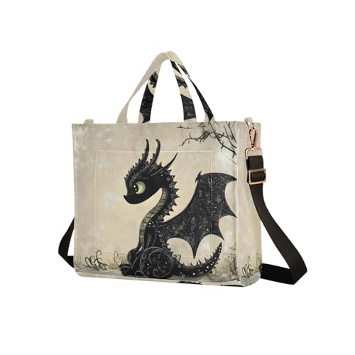 Shoulder Handbags for Women Black Gothic Dragon Print, Corduroy Tote Bag Large Capacity Small Size