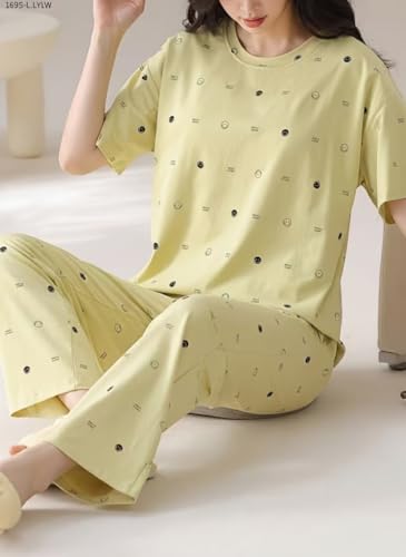 Image of SHIENZY Women Korean Style Night Suit | Round Neck Short Sleeve Cute Printed Cotton Pajama Set for Girls & Women | Soft Nightwear, Loungewear, Sleepwear for Women | Full Pyjama Set | Co-ord Set