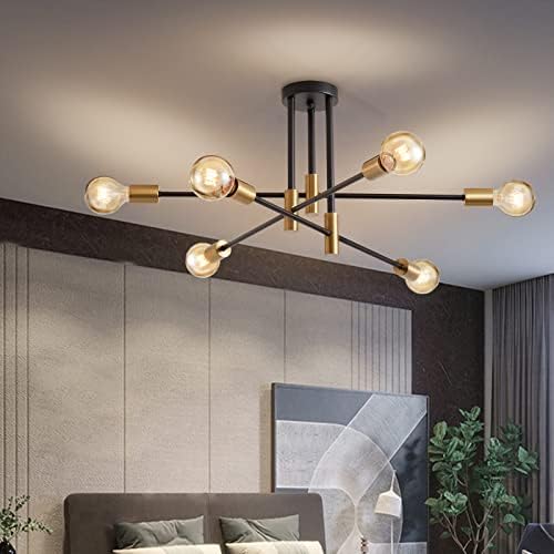 Lightess Ceiling Lights Modern Sputnik Chandelier 6 Lights E27 Socket, Max 40w, Semi Flush Mount Spot Lights Metal Black Gold Pendant Light for Bedroom Living Room Office (Not Include Bulb)