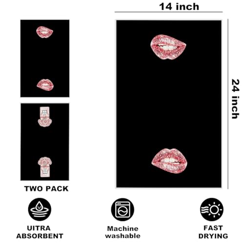 Image of 2 Pcs Pink Bow Champagne Hand Towels, Trendy Girly Reusable Dish Towels | Aesthetic Waffle Weave Hand Towels for Kitchen Bathroom Decor, Black and Pink Gifts for Women Girls Friend 24x14 Inch