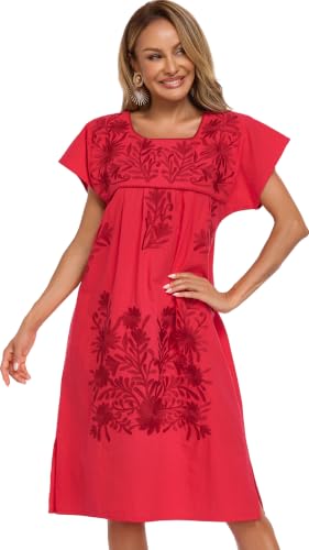 Image of YZXDORWJ Women Mexican Embroidered Long Dress Ruffle Collar Maxi Boho Floral Summer Short Sleeve