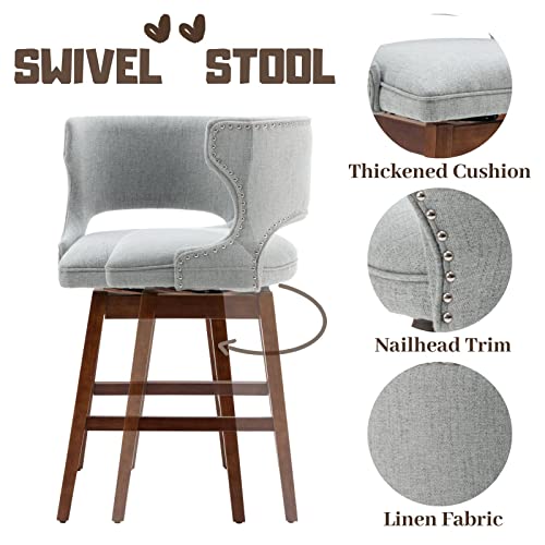 Rocity Swivel Counter Stools Set Of 2 Wood Bar Stools With Backs 26 Inch Upholstered Linen Stool Chair Farmhouse Barstools For Kitchen Island, Nailhead Trim, Grey #TOP3