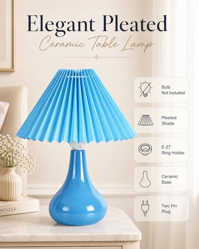Image of Homesake Modern Small Ceramic Table Lamp, Classic Bedside Desk Lamp for Living Room Bedroom, Farmhouse Home Decor Nightstand Lamps Light with Fabric Pleated Shade, (Turquoise Pleated Shade)